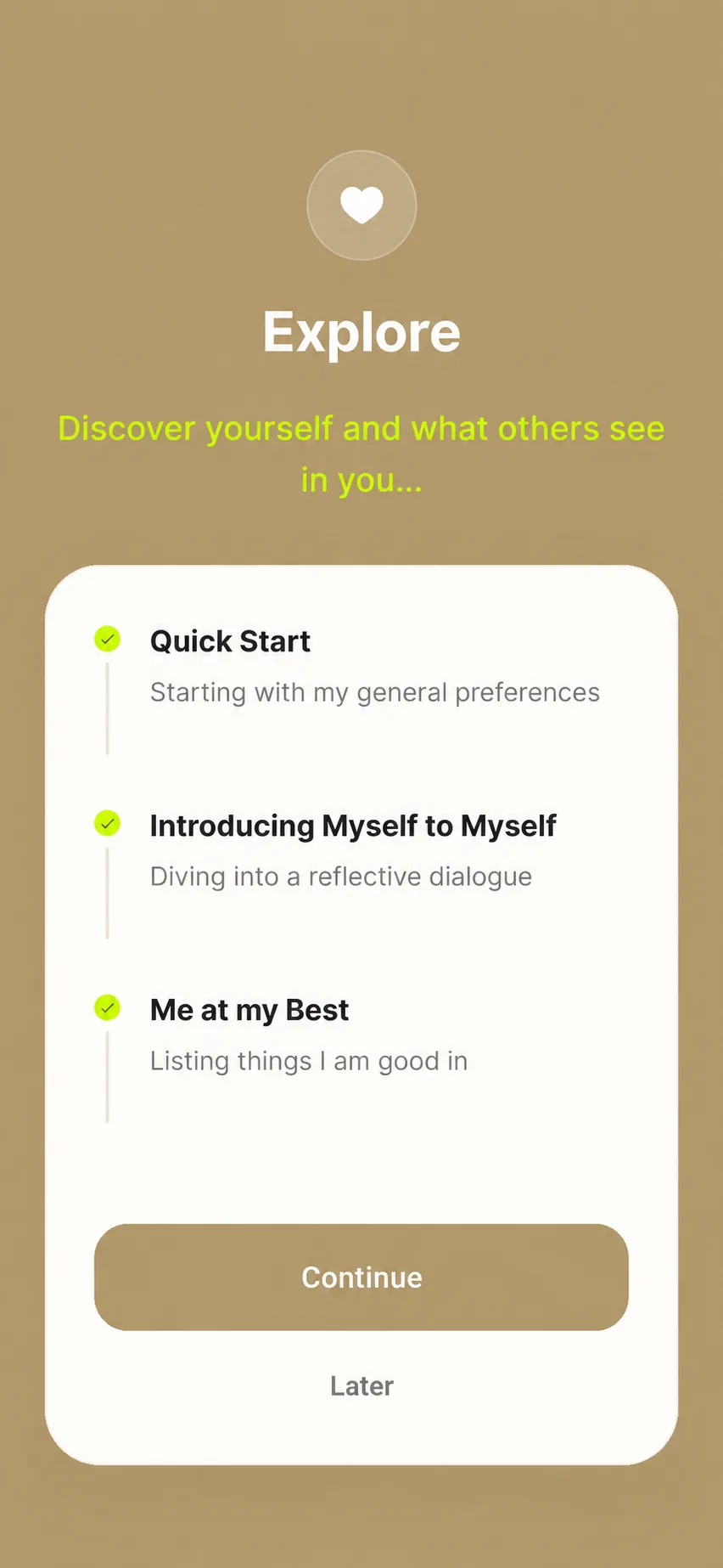 IDRAK Journey app showing the Explore phase for self-discovery